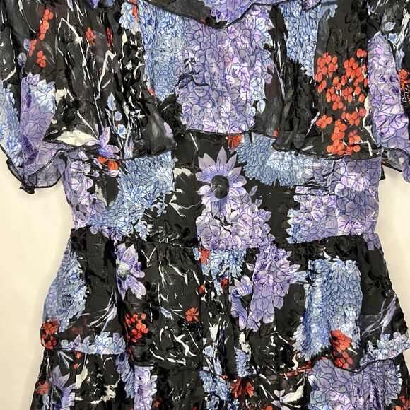 Alice + Olivia Size 10 Nichola Black Blue Red Cold Shoulder Ruffled Floral Dress - Picture 7 of 16